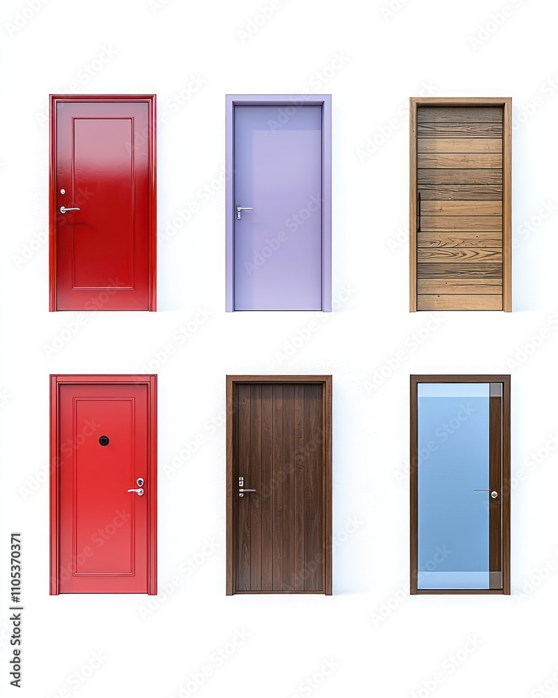 Five distinct doorways: red, lavender, blue wood, modern glass, minimal design. Five distinct doorways: red, lavender, blue wood, modern glass, minimal design.
