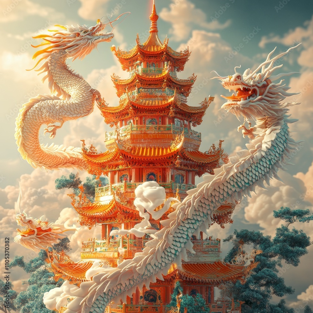 Fototapeta premium Majestic Dragon Coiling Around Traditional Asian Pagoda Landscape