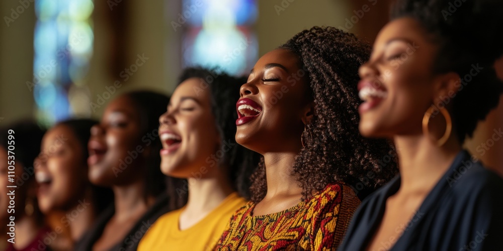 Joyful group of Black women singing together in harmony inside a church setting. Joyful group of Black women singing together in harmony inside a church setting.