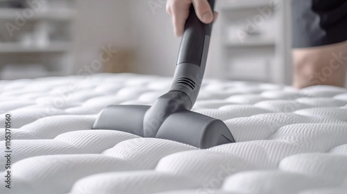 A closeup image of a man disinfecting a mattress with a vacuum cleaner presented in a beforeandafter cleaning comparison highlighting the improved cleanliness photo