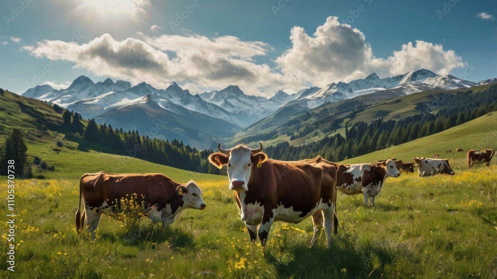 Obraz premium Cows graze in a lush alpine meadow with majestic snow-capped mountains in the background under a bright sunny sky.