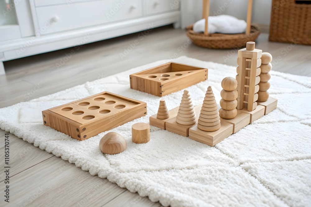 Wooden Montessori kids toys on carpet. Early education toys Wooden Montessori kids toys on carpet. Early education toys