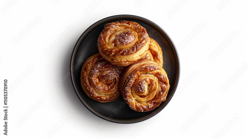 Plate of Danish pastries on a white background, delicious dessert concept, with copy space Plate of Danish pastries on a white background, delicious dessert concept, with copy space
