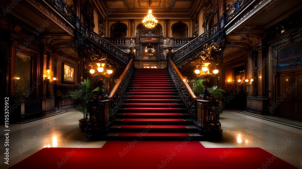 Grand Staircase in a Luxurious Mansion with Red Carpet Grand Staircase in a Luxurious Mansion with Red Carpet