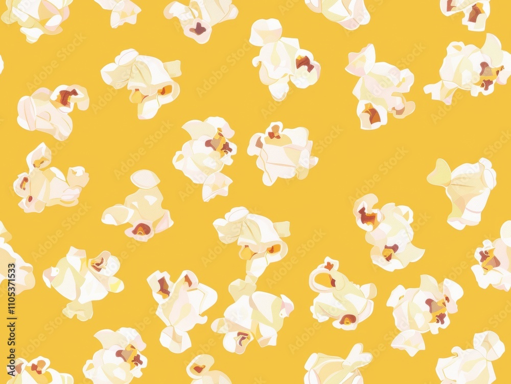 Fototapeta premium Seamless pattern of fluffy white popcorn kernels scattered on a cheerful yellow background, creating a playful design perfect for snack-themed or cinematic illustrations.