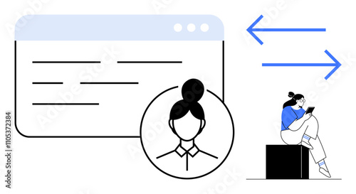 Woman with tablet seated on block next to profile window, two blue arrows indicating data syncing. Ideal for user profiles, data management, mobile apps, online accounts, web development, technology