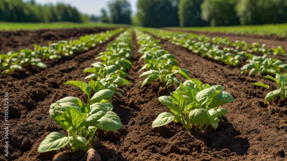 Here's a possible and keyword list for your stock photo.. Rows of young plants growing in a freshly tilled field. Here's a possible and keyword list for your stock photo.. Rows of young plants growing in a freshly tilled field.