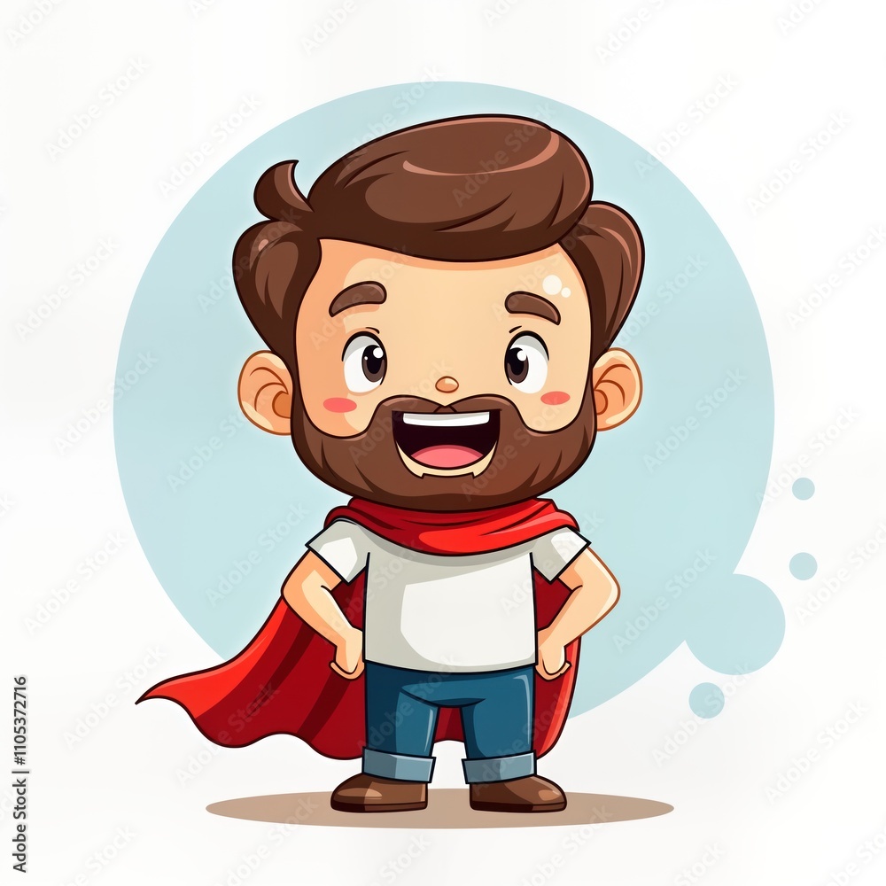 Cute cartoon father dressed as superhero. Happy dad with red cape, joyful expression. Standing proudly with hands on hips. Superb illustration of fatherhood love, fun. Image evokes sense of joy, Cute cartoon father dressed as superhero. Happy dad with red cape, joyful expression. Standing proudly with hands on hips. Superb illustration of fatherhood love, fun. Image evokes sense of joy,