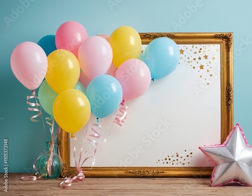 Colorful balloons and a blank frame create a festive atmosphere for celebrations.