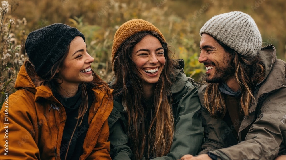 Three happy friends laughing together outdoors in autumn.