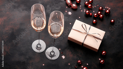 Celebration setup with champagne, two glasses, gift box and decoration on dark, classy background, new year celebration