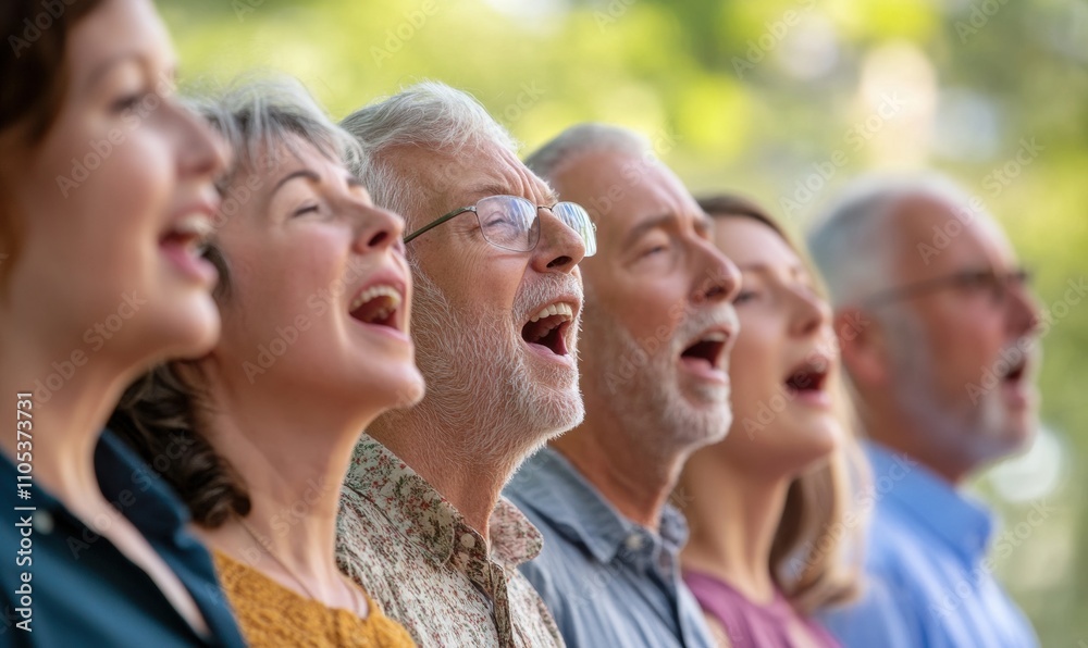Diverse group of adults singing joyfully outdoors, expressing unity and happiness. Diverse group of adults singing joyfully outdoors, expressing unity and happiness.