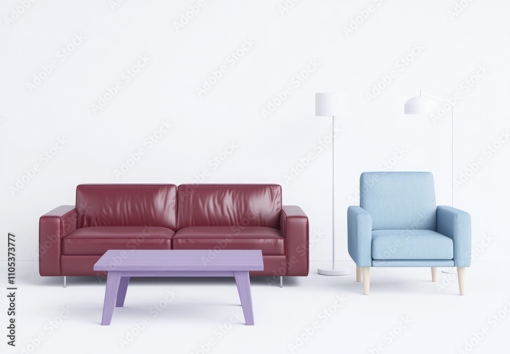 A vibrant red sofa, light purple coffee table, and a simple white backdrop in the living room. A vibrant red sofa, light purple coffee table, and a simple white backdrop in the living room.