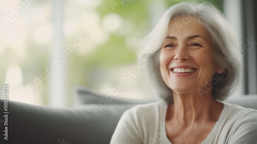 Elderly woman smiles happily sitting on comfy couch at home. Relaxed senior enjoys peaceful retirement. Warm interior light, soft focus highlight contentment. Seems happy, serene. Indoor shot shows