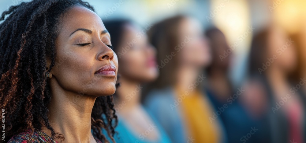A serene Black woman with natural hair practices mindfulness in a group setting. A serene Black woman with natural hair practices mindfulness in a group setting.