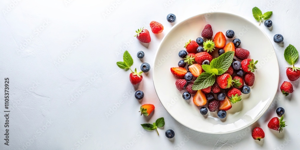 A refreshing summer berry salad with strawberries, blueberries, and raspberries served on a white plate, garnished with fresh mint leaves