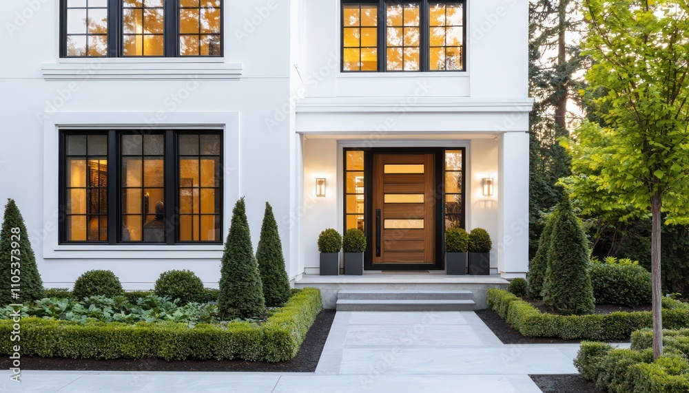 A contemporary home with white walls, black windows, and an elegant wooden door. A contemporary home with white walls, black windows, and an elegant wooden door.