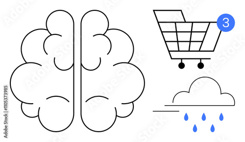 Brain split into two hemispheres, shopping cart with notification bubble, cloudy weather with rain drops. Ideal for psychology, e-commerce, meteorology, mood, decision-making, mental health weather