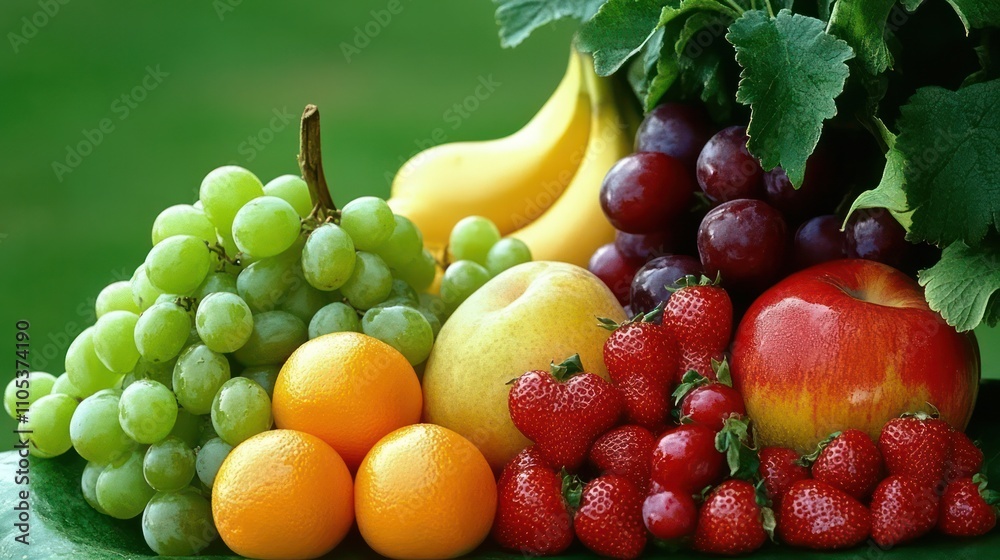 A colorful fruit platter, set on a serene green backdrop for nutrition and vitality A colorful fruit platter, set on a serene green backdrop for nutrition and vitality