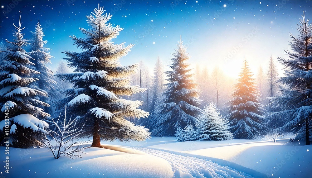 Winter landscape with snow, snow-covered Christmas tree, frosted bushes and trees Winter landscape with snow, snow-covered Christmas tree, frosted bushes and trees