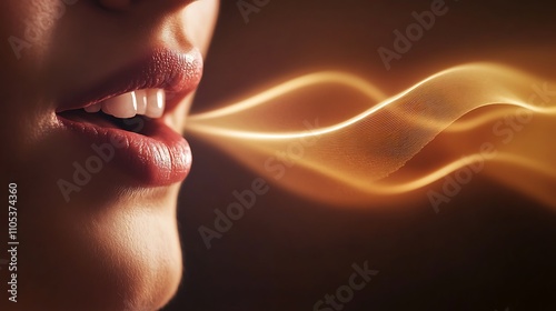 A close-up of a voice artist lips, speaking into a high-end microphone, with sound waves rippling in the air, soft focus on the background, gentle warm light casting a serene mood, artistic