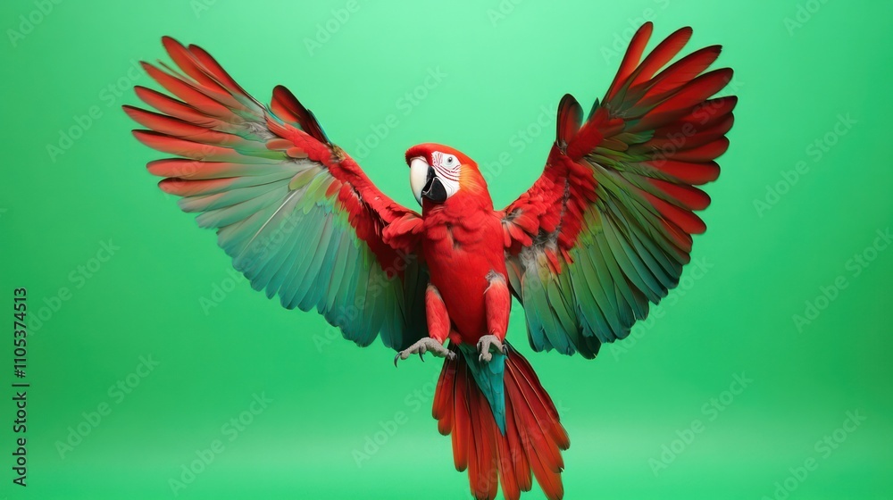Obraz premium A colorful parrot spreading its wings, set on a sleek green screen for dynamic visuals