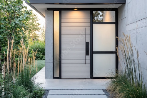 Modern light grey fiberglass door with black trim and frosted glass sidelight.