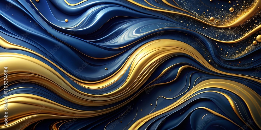 Abstract Swirling Gold and Blue Liquid Design with Golden Particles