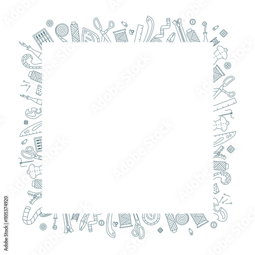 Square outside frame with tools, elements and materials for atelier, dressmaker in outline. Sewing, needlework banner template. Tailoring equipment and accessories. Isolated line vector illustration.	