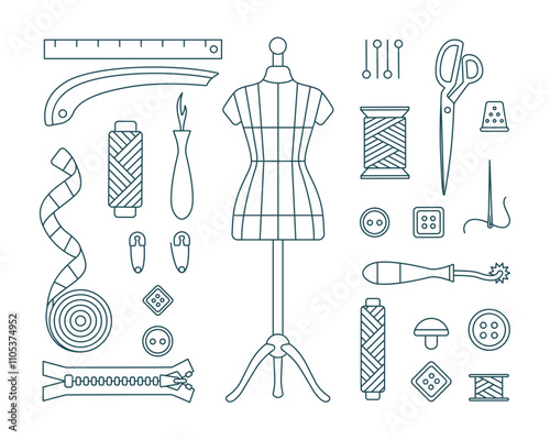 Dummy and tailoring accessories for atelier, dressmaker in outline. Materials for sewing. Needlework, handmade, hobby. Seamstress, clothes designer concept. Isolated line vector illustration	