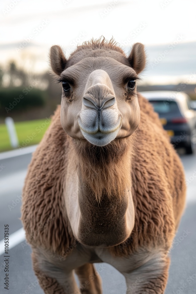 Obraz premium An Unexpected Sight Camel Blocks Traffic on a Highway Amidst Modern Vehicles, A Curious Encounter
