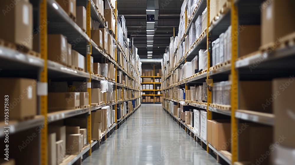 Warehouse Aisle with Rows of Cardboard Boxes Warehouse Aisle with Rows of Cardboard Boxes