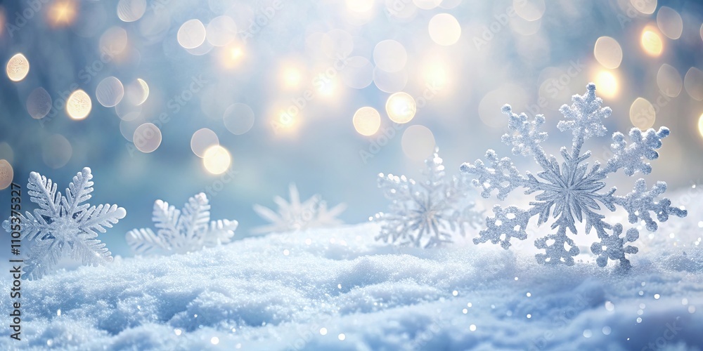 Winter Wonderland Sparkling Snowflakes on a Snowy Surface with a Soft, Bokeh Background Winter Wonderland Sparkling Snowflakes on a Snowy Surface with a Soft, Bokeh Background