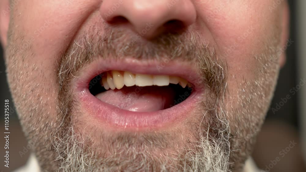 Bearded man running tongue over teeth. Man with beard licking teeth with tongue. Bearded male moving tongue across teeth