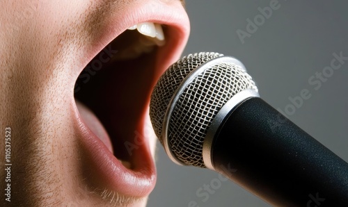 A close-up of a person passionately singing into a microphone, showcasing emotion and energy in a musical performance.