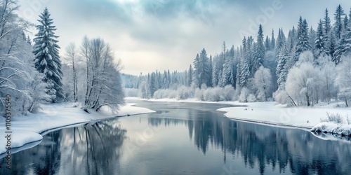 Serene Winter River Reflecting Snow-Covered Trees and Banks