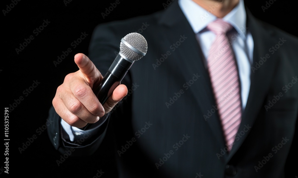 A confident speaker holding a microphone, engaging with the audience during a presentation or event. A confident speaker holding a microphone, engaging with the audience during a presentation or event.