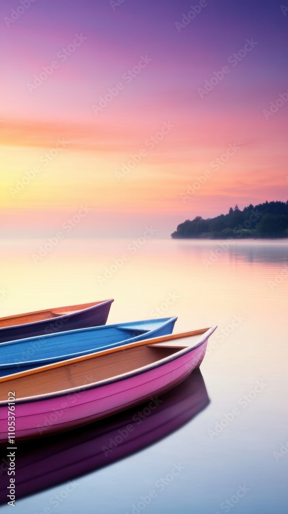 Colorful boats rest on tranquil waters under a vibrant sunset sky, AI Colorful boats rest on tranquil waters under a vibrant sunset sky, AI