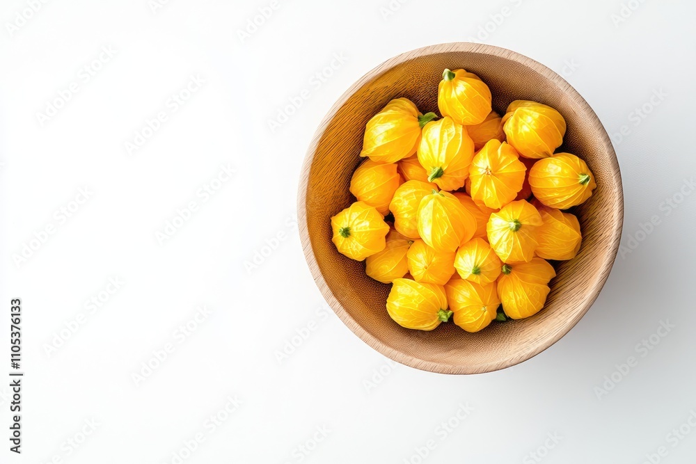 Golden groundcherries in a wooden bowl on a white background