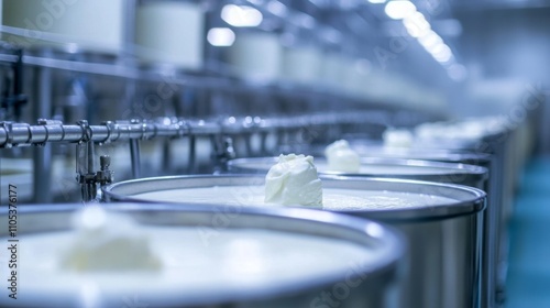 Wallpaper Mural Close-up of a Dairy Processing Plant with Large Stainless Steel vats Filled with White Liquid Torontodigital.ca