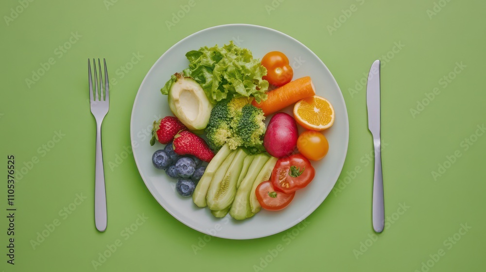A detox-friendly plate arranged with colorful ingredients, set on a serene green backdrop for vitality