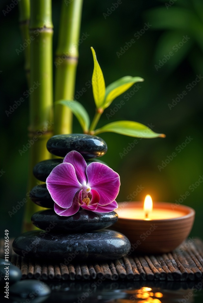 Smooth black basalt stones stacked in a pyramid formation on a dark bamboo mat. Next to the stones, position a vibrant orchid flower. Smooth black basalt stones stacked in a pyramid formation on a dark bamboo mat. Next to the stones, position a vibrant orchid flower.