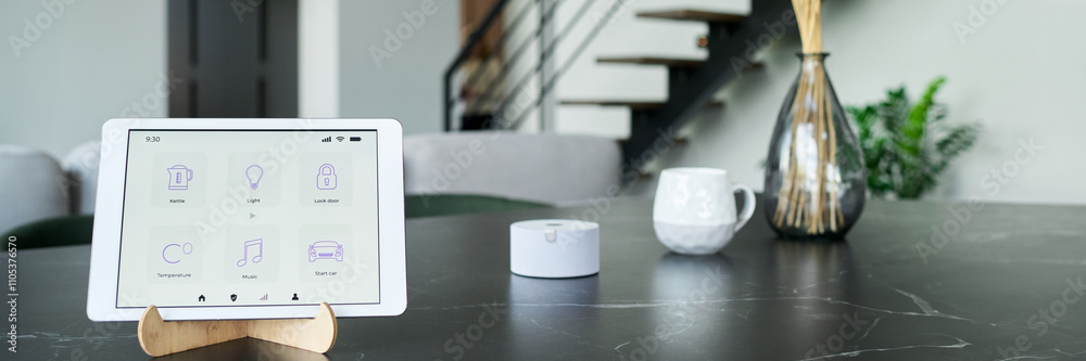 Modern interior featuring tablet displaying smart home control interface on wooden stand on marble table, enhancing convenience and connectivity in daily life Modern interior featuring tablet displaying smart home control interface on wooden stand on marble table, enhancing convenience and connectivity in daily life