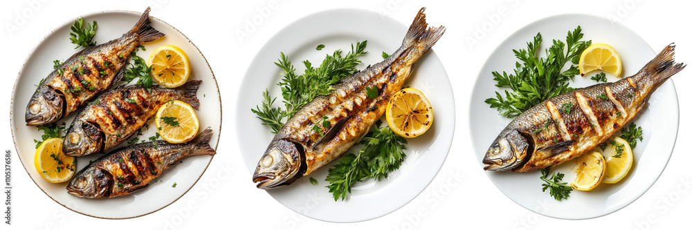 Set of plates grilled fish garnished with lemon and herbs isolated on a transparent background Set of plates grilled fish garnished with lemon and herbs isolated on a transparent background