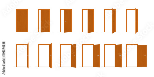 Door opening motion sequence animation. Closed, slightly ajar and open wooden doorways with doorknob. Home, room or office entry. Vector illustration