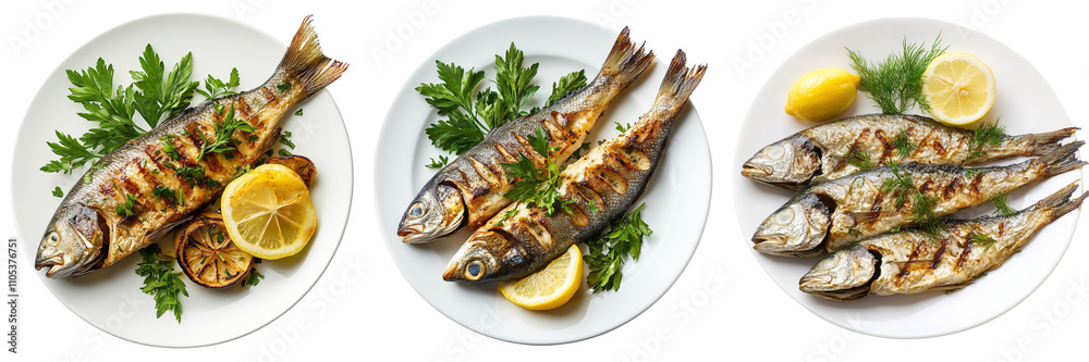 Set of plates grilled fish garnished with lemon and herbs isolated on a transparent background
