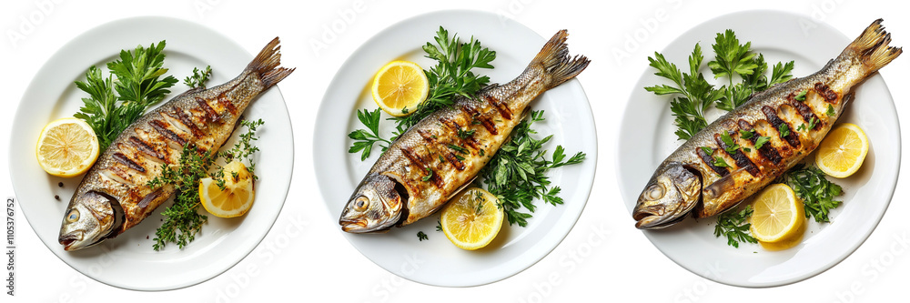 Set of plates grilled fish garnished with lemon and herbs isolated on a transparent background Set of plates grilled fish garnished with lemon and herbs isolated on a transparent background