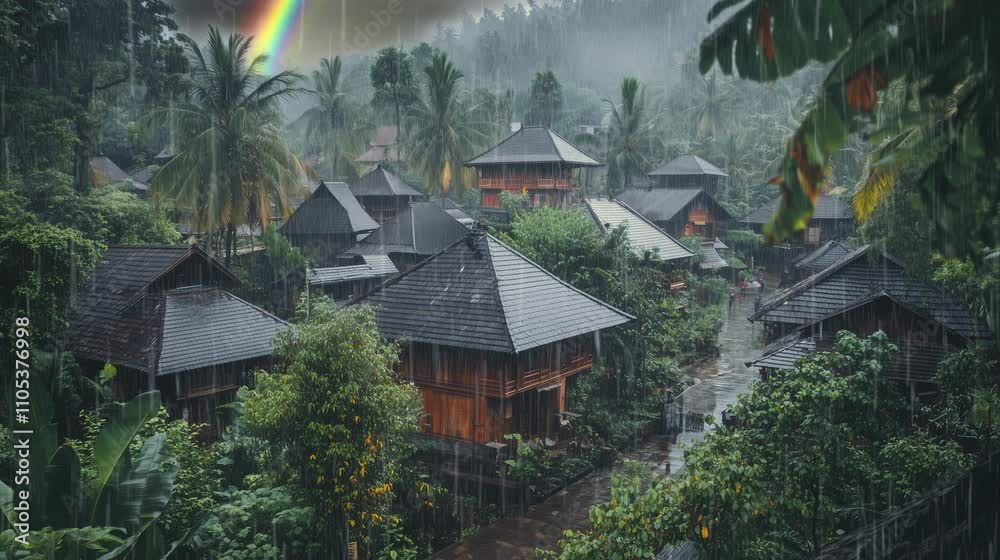 View of a serene traditional wooden house amidst lush greenery during the rain View of a serene traditional wooden house amidst lush greenery during the rain