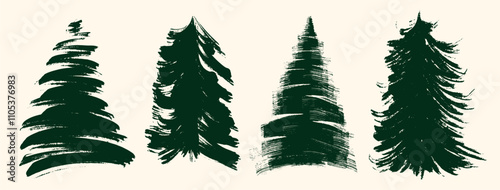Set of grunge brush drawing of Christmas tree. Hand drawn Christmas tree Ink abstract vector line. Green beautiful doodle spruce, ink paint.  Vector illustration isolated on a white background.