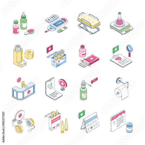 Isometric icons represent a comprehensive range of healthcare essentials, including medication, medical equipment, diagnostic tools, and support services.